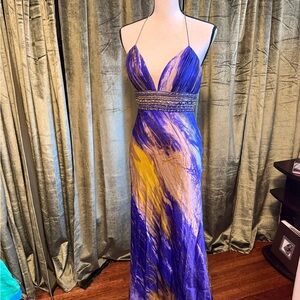 Camille La Vie Vibrant Blue and Gold Backless Dress
